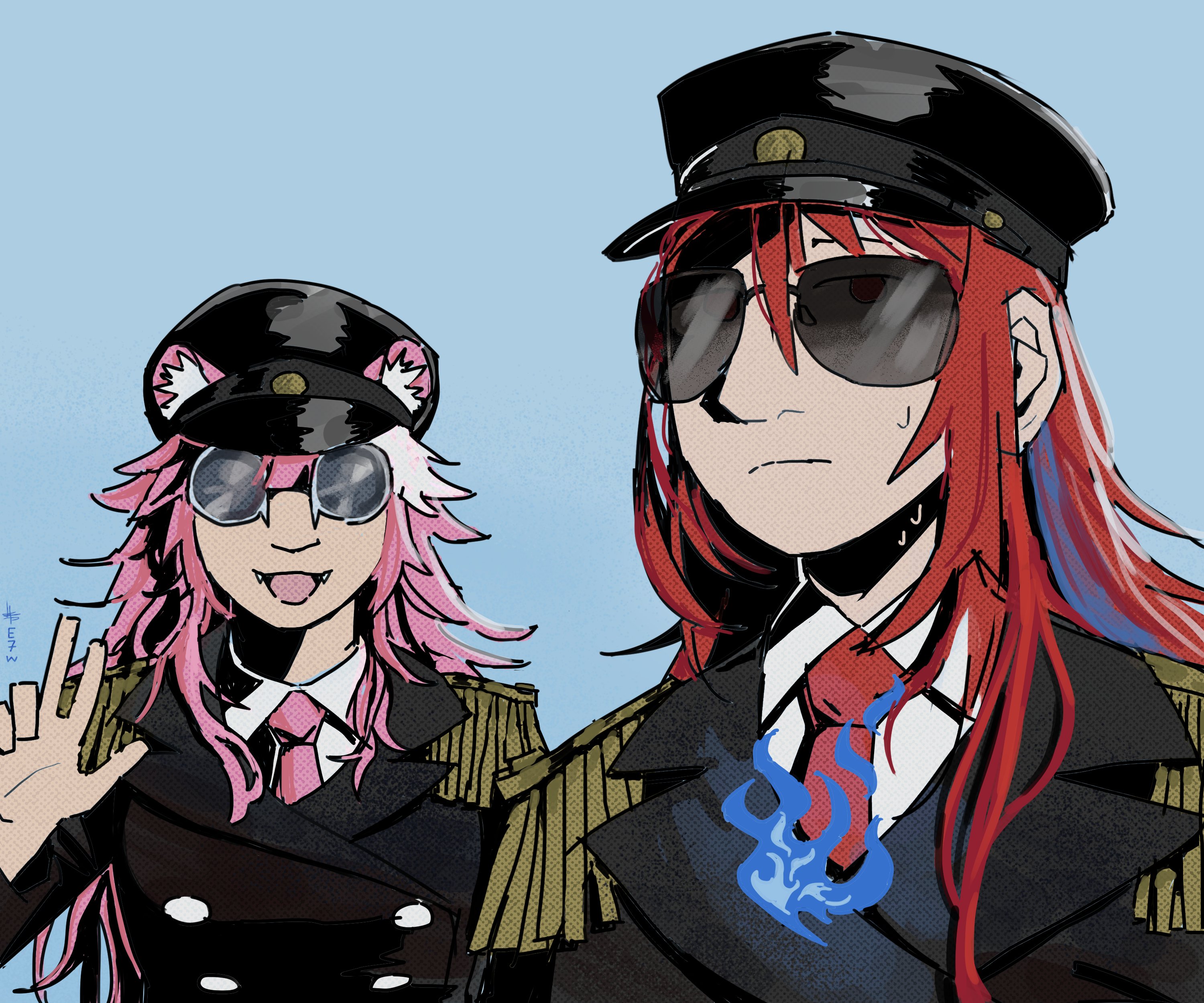 a sketch of raora and liz in their justice uniforms. liz is in the foreground shown from the
	  shoulders up and is sweating with a bothered expression on her face, obscured by aviator shades. raora is slightly behind her 
	  and is smiling and holding up a peace sign. she's wearing her goggles over her eyes.
